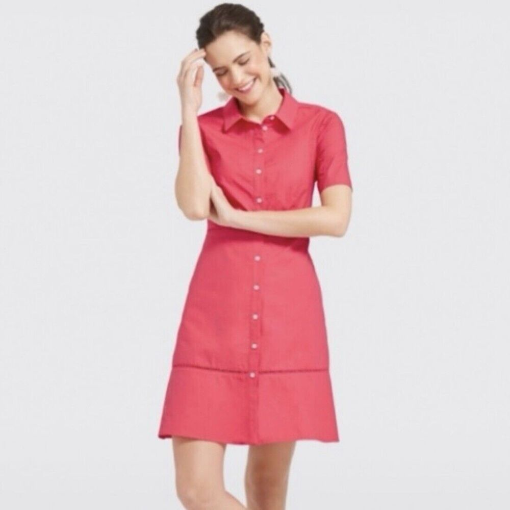 Draper James Button Up Shirt Dress Hot Pink Lattice Trim Size 6